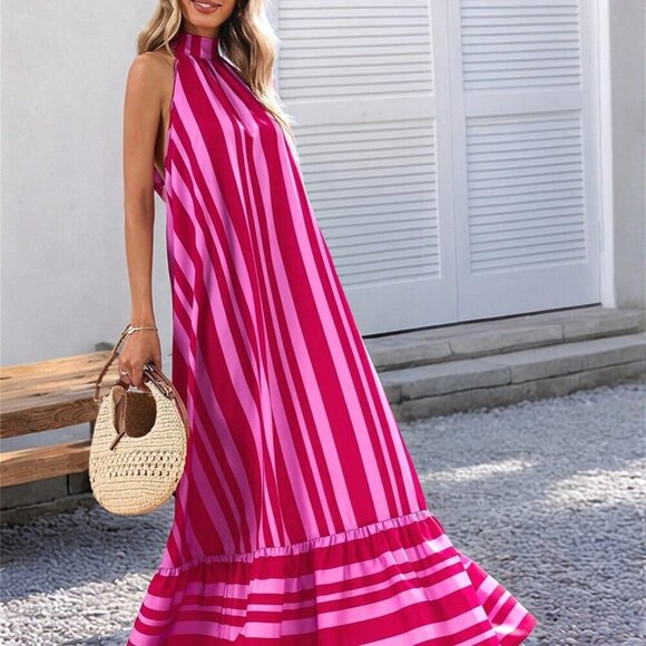Pink Casual Women's Woven Striped Print Spaghetti Strap Dress - Picture 4 of 6